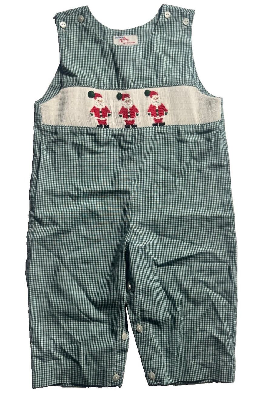 Silly Goose 18M Boys Hand Smocked Santa Christmas Green Gingham Longall